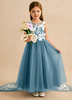 Azazie Mixie Blumenmädchenkleider Ballkleid Spitze Kleid Bermudablau image6