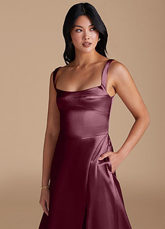 Azazie Hope Bridesmaid Dresses Cabernet A-Line with Pockets Metallic Satin Dress image3