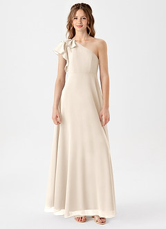 Azazie Arabella Junior Robe Trapèze en Mousseline de soie Drapé Albâtre Blanc image3