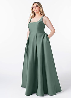 Azazie Neve Bridesmaid Dresses Sea Moss Ball-Gown with Pockets Stretch Satin Dress image6