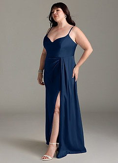 Azazie Brielle Robes de demoiselle d'honneur Robe Trapèze en Satin extensible Bretelles spaghetti Bleu Marine Foncé image10