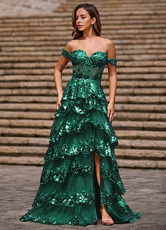 Glitz Verde Vestido de fiesta de corte A con volantes image4