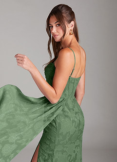 Azazie Denisa Bridesmaid Dresses Eucalyptus Sheath Pleated Floral Burnout Dress image5