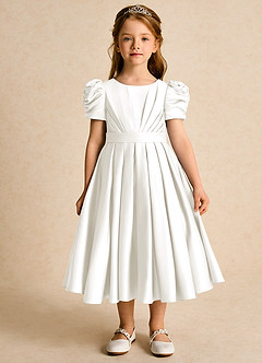 Azazie Miriam Flower Girl Dresses Ivory Ball-Gown Pleated Matte Satin Dress image4