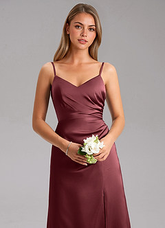 Azazie Azuree Bridesmaid Dresses Merlot A-Line Pleated Stretch Satin Dress image8