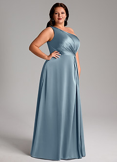 Azazie Brooke Vestidos de damas de honor Vestido de Azul Polvoriento de Satén Elástico de Corte en A con Hombro unilateral image10