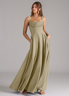 Azazie Shaude Bridesmaid Dresses Moss Green A-Line Pleated Stretch Satin Dress image3