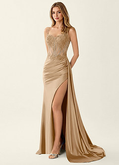 Celestianora Champagne Corset Stretch Satin Mermaid High Slit Prom Dress image4