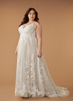 Azazie Delaina Vestidos de novia Vestido de Blanco Diamante Arena de Tul de Corte en A con Lentejuelas cuello pico image14