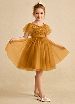 Azazie Queenie Robe Demoiselle D'honneur Fillette Robe Trapèze en Dentelle Caramel écossais image5