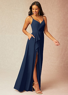 Azazie Kyedae Bridesmaid Dresses Dark Navy A-Line V-Neck Pleated Chiffon Dress image3
