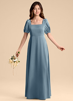 Azazie Briar Junior Vestido de Azul Polvoriento de Satén Elástico de Corte en A con Lazo image5