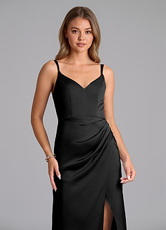 Azazie Leo At-home Try On Dresses Black Sheath Pleated Stretch Satin Dress image3