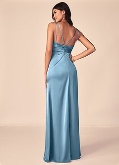 Azazie Aqua Vestidos de damas de honor Vestido de Azul Acero de Satén Elástico de Corte en A con Cuello en V plisado image2
