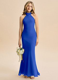 Azazie Velli Junior Meerjungfrau-Linie Hoher Kragen Chiffon Kleid Königsblau image1