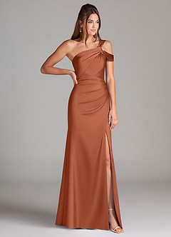 Azazie Wynter Bridesmaid Dresses Cedar Rose Sheath Off the Shoulder Stretch Satin Dress image4