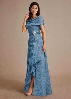 Azazie Branford vestidos de madre de la novia Vestido de Azul Acero de Devorado Floral de Corte En A con Plisado image2