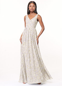 Azazie Keyla Robes de demoiselle d'honneur Robe Trapèze en Mousseline de soie Col V plissé Lilas Dreamy Floral image1