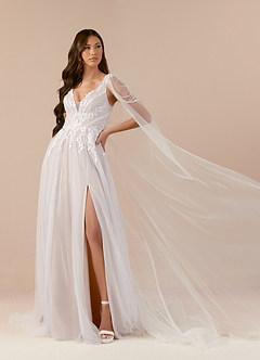 Azazie Goddess Wedding Dresses Diamond White Caramel A-Line V-Neck Sequins Tulle Dress image1