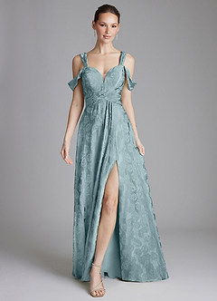 Azazie Emoria Bridesmaid Dresses Light Blue Jacquard A-Line Off the Shoulder Jacquard Dress image1