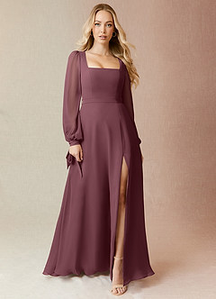 Azazie Leonia Bridesmaid Dresses Sangria A-Line Long Sleeve Chiffon Dress image3
