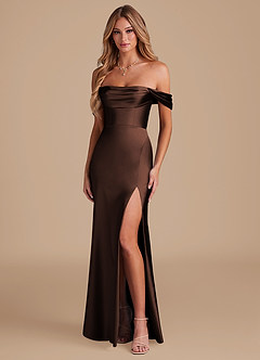 Azazie Saige Brautjungfernkleider Wandelbar Etui Schulterfrei Metallischer Satin Kleid Ganache image2