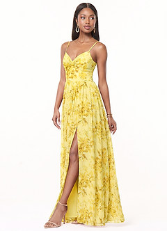 Azazie Zeya Robes de demoiselle d'honneur Robe Trapèze en Mousseline de soie Col V plissé Sorbet Au Citron Fleurs image4