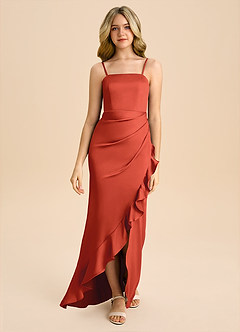 Azazie Buzzy Junior Rust Sheath Pleated Stretch Satin Dress image4