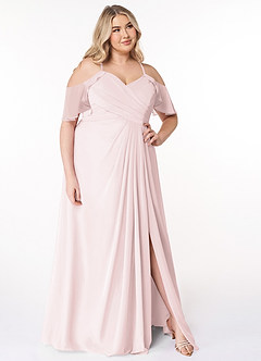 Azazie Dakota Robes de demoiselle d'honneur Robe Trapèze en Mousseline de soie Col V plissé Rose Pâle image9