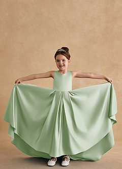Azazie Sammy Flower Girl Dresses Dusty Sage A-Line Lace Matte Satin Dress image4