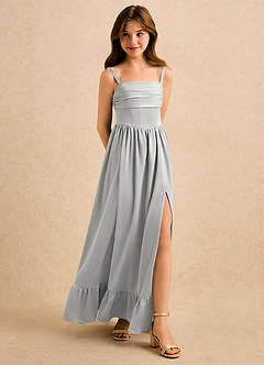 Azazie Maisie Girls Formal Robe Demoiselle D'honneur Fillette Robe Trapèze en Satin extensible Rayé Argent image3