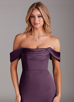 Azazie Saige Bridesmaid Dresses Plum Sheath Off the Shoulder Stretch Satin Dress image7