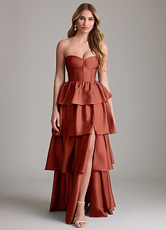 Azazie Faye Bridesmaid Dresses Terracotta A-Line Ruched Stretch Satin Dress image1