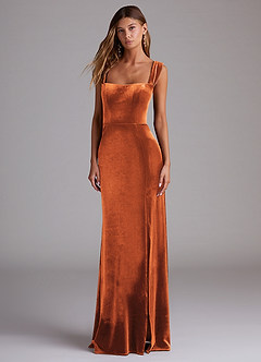 Azazie Junia Bridesmaid Dresses Burnt Orange Sheath Off the Shoulder Velvet Convertible Dress image1