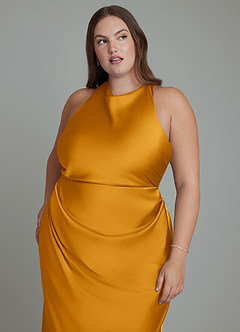Azazie Evadne Bridesmaid Dresses Butterscotch Sheath Pleated Stretch Satin Dress image9