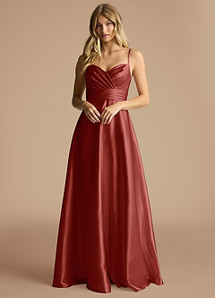 Azazie Oliana Bridesmaid Dresses Terracotta A-Line Pleated Metallic Satin Dress image1