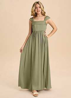 Azazie Hattie Junior Abito A-Line in Raso Elasticizzato Plissettato Pistacchio image5