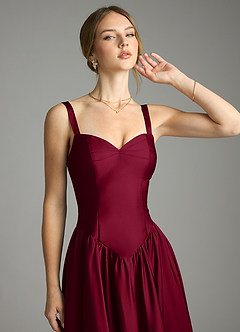 Azazie Evadina Bridesmaid Dresses Burgundy A-Line Corset Stretch Satin Dress image5