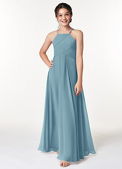 Azazie Ginger Junior Moody Blue A-Line Pleated Chiffon Dress image4