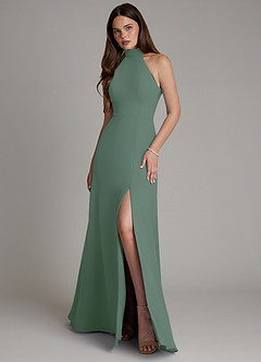 Azazie Myra Vestidos de damas de honor Vestido de Eucalipto de Gasa de Corte en A con Cuello Alto image1