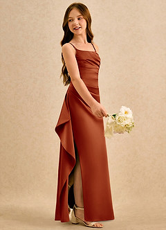 Azazie Cannoli Girls Formal Robe Demoiselle D'honneur Fillette Robe Trapèze en Mat Satiné Plissée Paprika image4