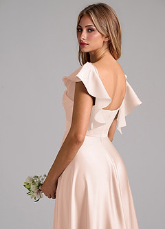 Azazie Leilani Bridesmaid Dresses Blushing Pink A-Line Ruched Stretch Satin Dress image9