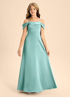 Azazie Anselie Junior Aqua A-Line Off the Shoulder Stretch Satin Dress image7