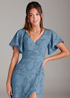 Azazie Ambrosia Bridesmaid Dresses Steel Blue A-Line Pleated Floral Burnout Dress image5