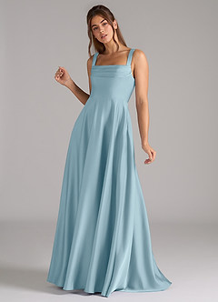 Azazie Shaude Robes de demoiselle d'honneur Robe Trapèze en Satin extensible Plissée Bleu Maussade image5