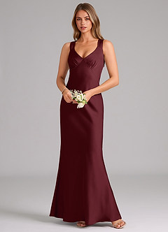 Azazie Kamila Bridesmaid Dresses Cabernet A-Line Pleated Stretch Satin Dress image4
