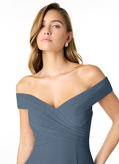 Azazie Lecia Abiti da Damigella Abito Convertibile Impero in Chiffon A pieghe con spalle scoperte Blu Nettuno image6