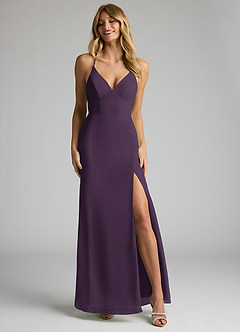 Azazie Becca Bridesmaid Dresses Plum Sheath V-Neck Chiffon Dress image4
