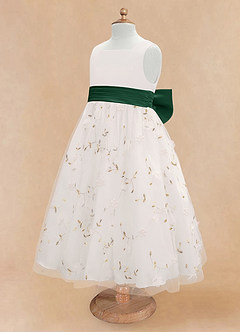 Azazie Pollie Flower Girl Dresses Ivory Dark Green A-Line Bow Tulle Dress image13