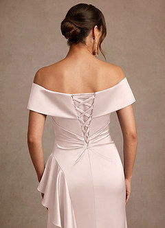 Azazie Kirsty Mother of the Bride Dresses Blushing Pink Sheath Off the Shoulder Stretch Satin Dress image7